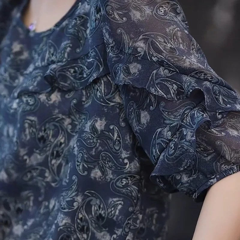 แฟชั่นผู้หญิงครึ่งแขนเสื้อชีฟอง,2025 ฤดูร้อนใหม่หลวมอเนกประสงค์บางรอบคอเสื้อ