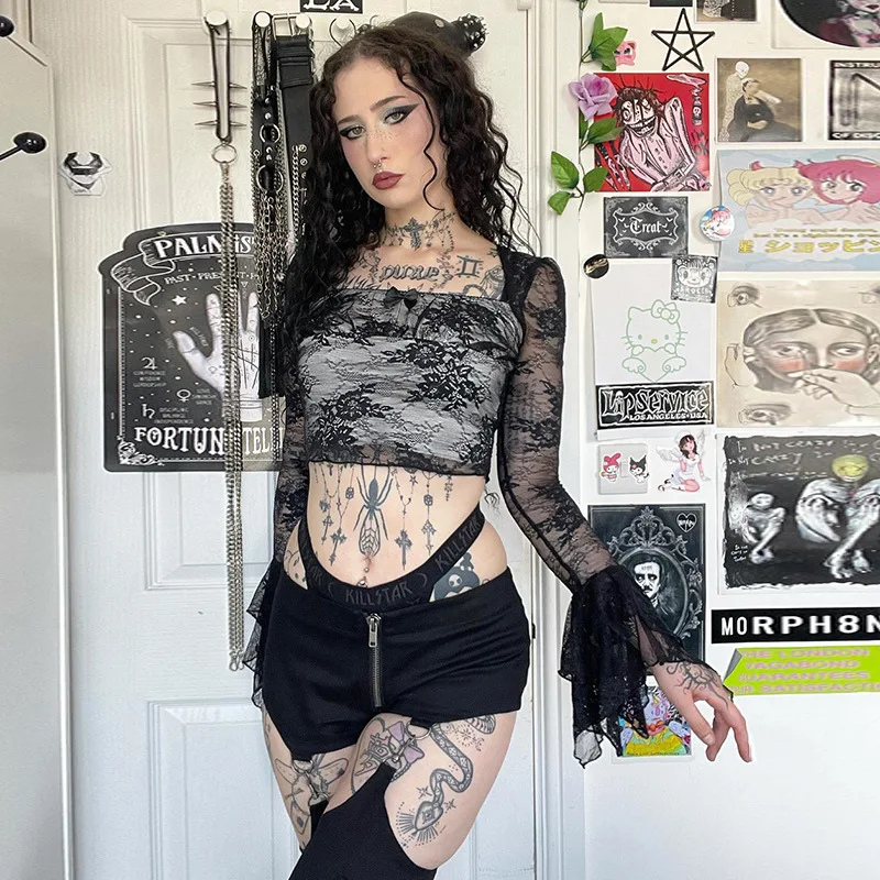 Yangelo Gothic Sexy Square Collar Lace Embossed Fairy Grunge T-shirt Women Punk See Through Trumpet Sleeve Crop Top