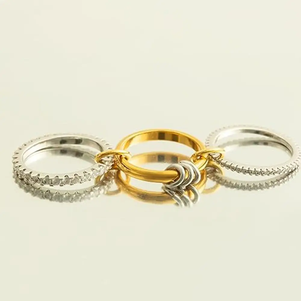 خواتم ذهبية قابلة للتكديس بثلاثة حلقات للنساء من الفولاذ المقاوم للصدأ غير تشويه أنيقة كاملة الماس الزركون خواتم متصلة متعددة الوصلات #1
