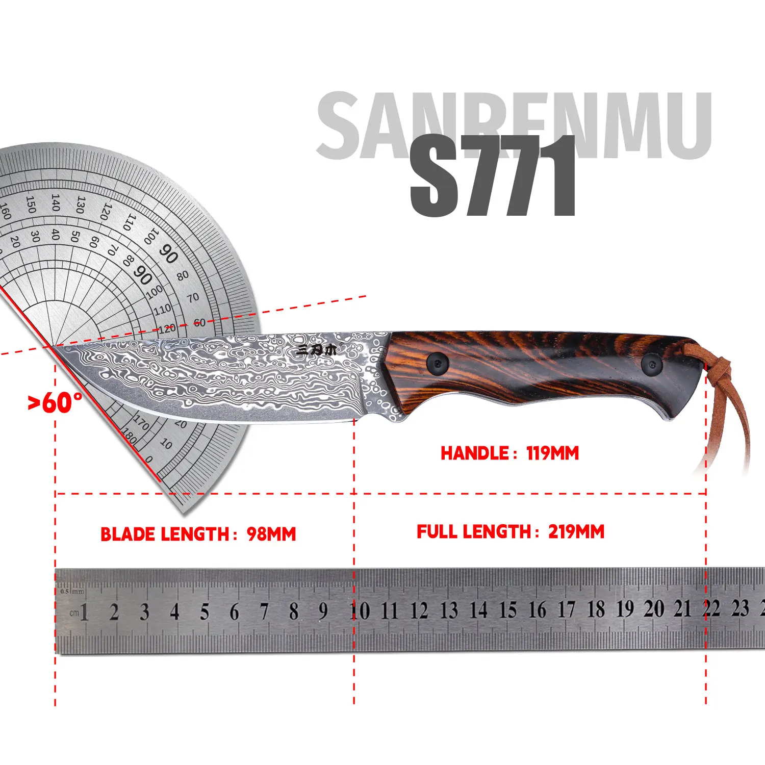 SANRENMU NEW S771 Straight Handle Knife Outdoor Camping Hunting Knife Rescue Tool Knife Damascus Blade VG10/14C28 Scabbard - view 6