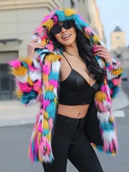 Women's Fashion Rainbow Multicolor Faux Cur Coat Long Hair Hooded Puffy Outerwear Women's Autumn Winter Long-sleeved Jacket