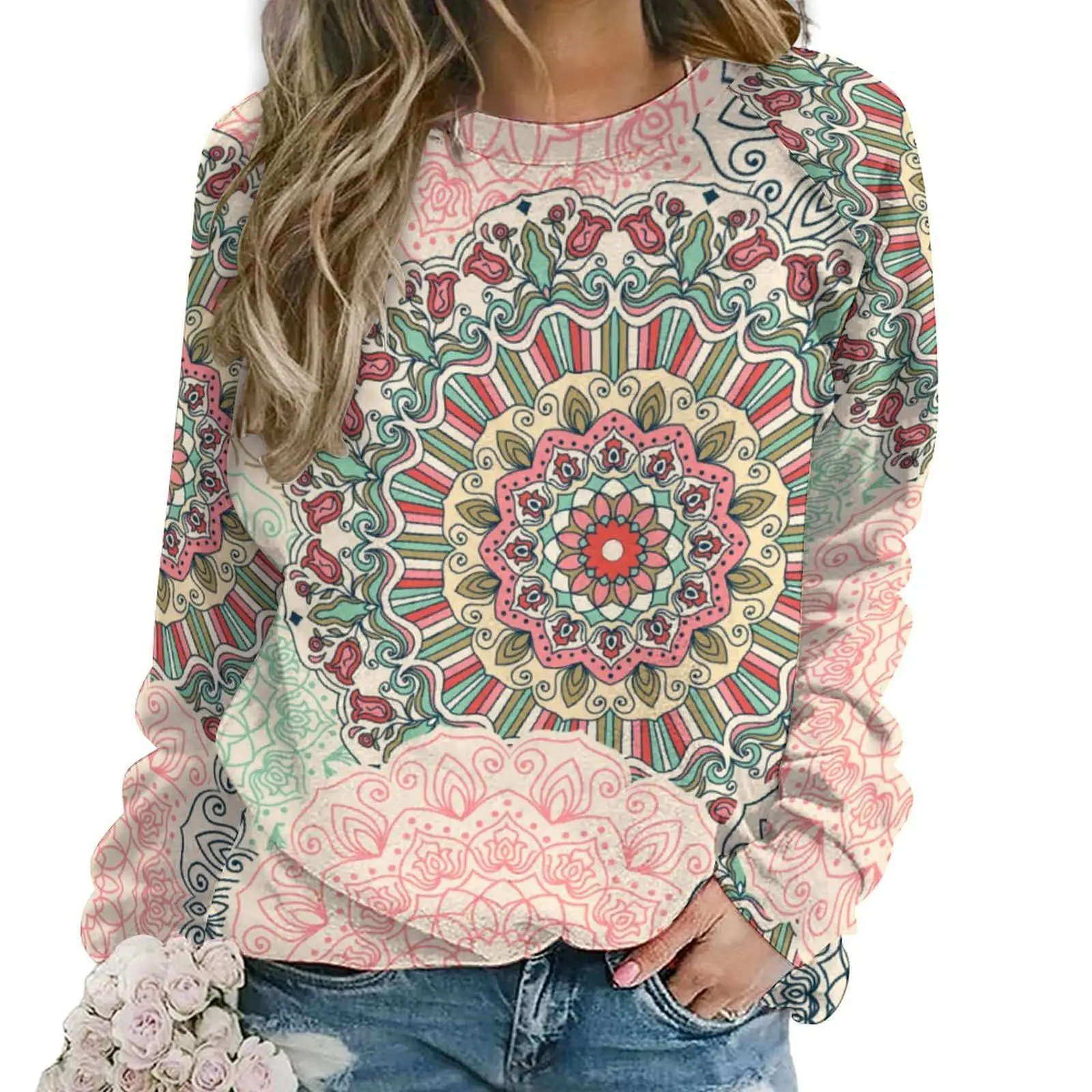 Mandala Flower Sweatshirts Floral 3D Print Hoodie Women New O-Neck Hoodies Streetwear Oversized Harajuku Pullover Woman Clothing