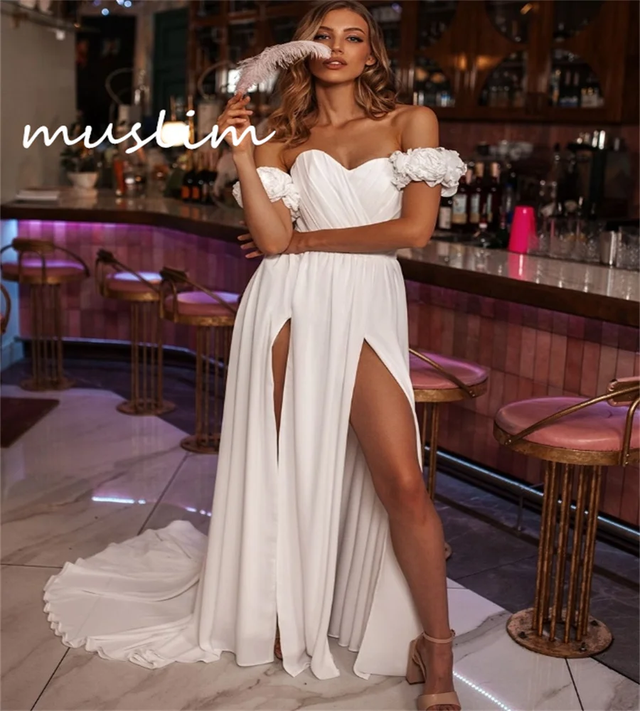 

Charming Gatsby Boho Wedding Dresses 2024 Elegant Sweetheart Chiffon Beach Bridal Dress With Slit Flowy Corset Bohemian Bride