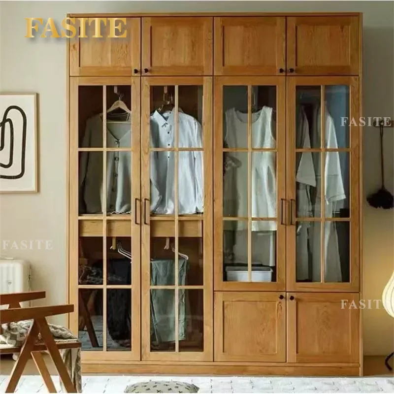 for Japanese Style Glass Door Solid Wood Wardrobe Cherry Wood Bedroom Cloakroom Simple Black Walnut Hanging Closet Furniture