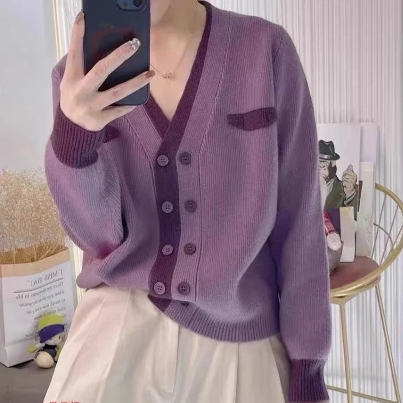 Casual Double Breasted Wool Cardigan Autumn New Korean Style Loose Patchwork Jacket Fashion Soft Sweater Coat