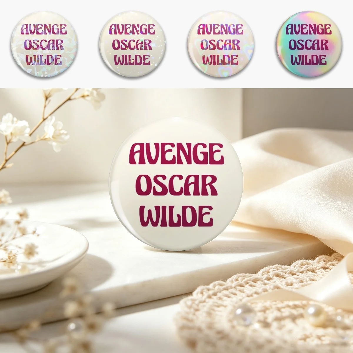 Avenge Oscar Wilde Pin Holographic Star Heart Pin Brooches Laminated Button Fashion Accessory