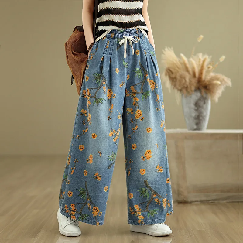 

Oversize Floral Print Wide Leg Women' Jeans Summer Elastic Waist Loose Casual Denim Pants Harajuku Style Baggy Trousers