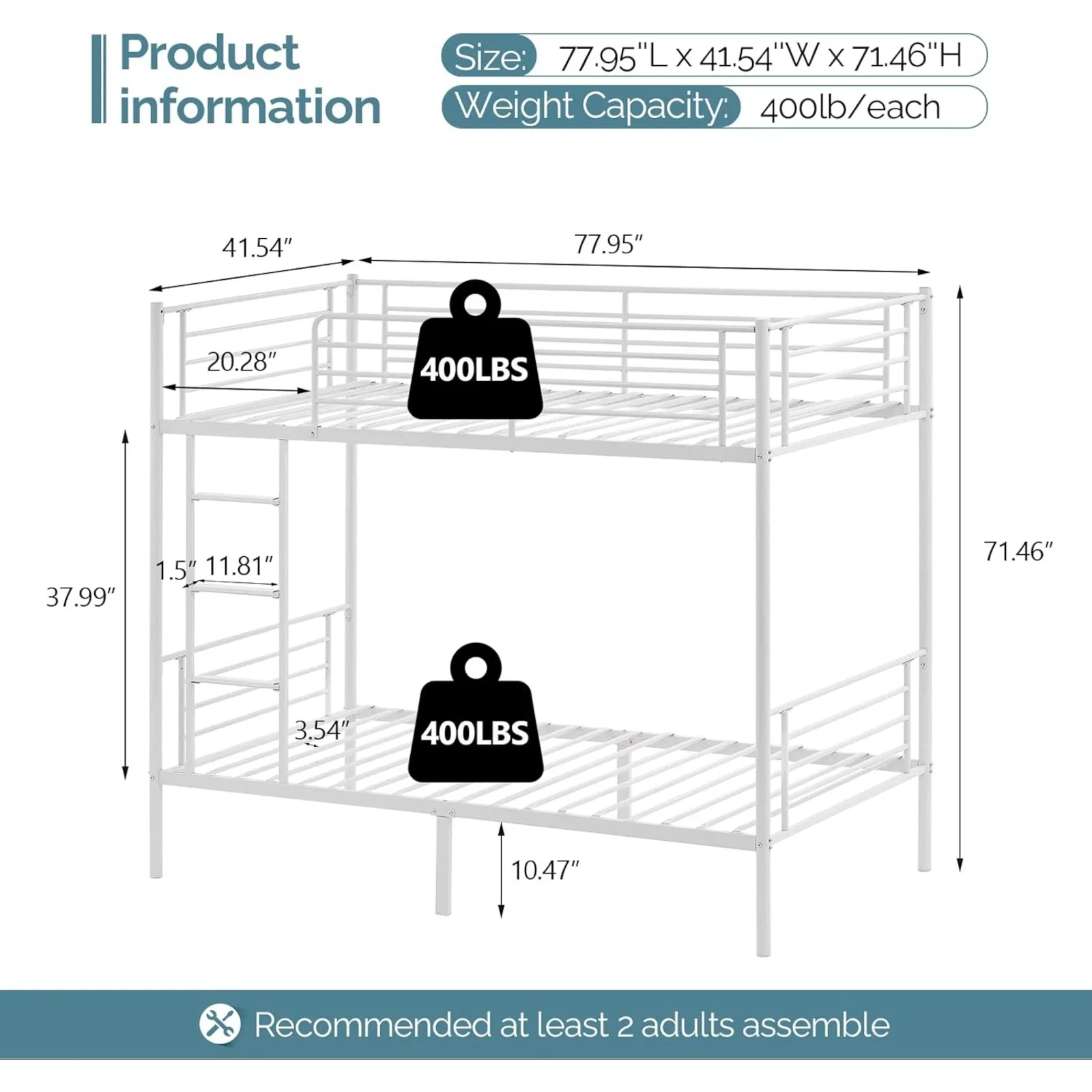 US Bunk Bed Twin Over Twin, Metal Bunk Beds White for Girls/Boys/Adults, Anti-Slip Flat Step, No Box Spring Needed