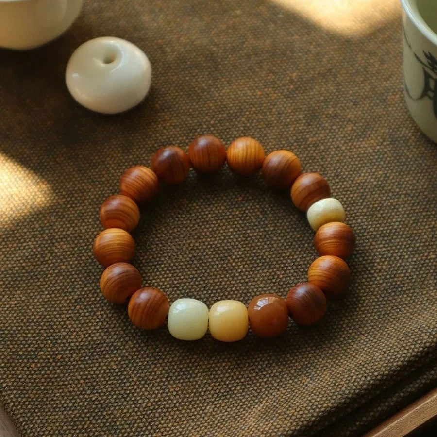 Aged Thuja Sutchuenensis Bracelet with Tri-color Bodhi Spacers & Camel Bone Prayer Beads: New Chinese Style Gift