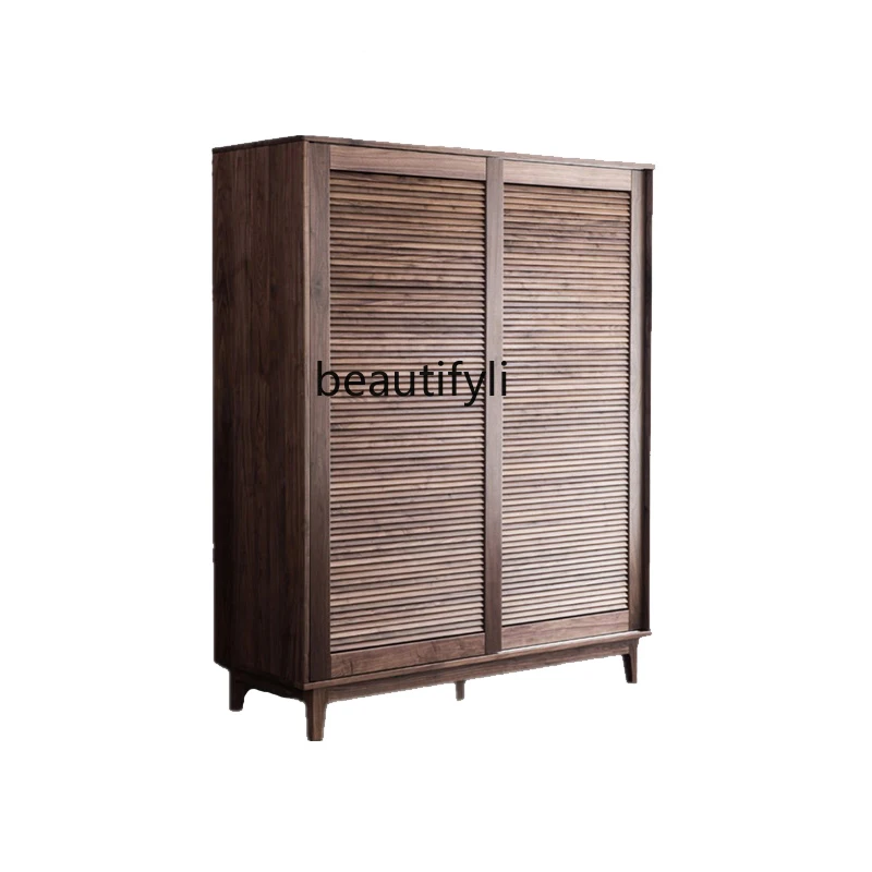 

North America Black Walnut Log Shutter Door Wardrobe New Chinese Simple Sliding Door All Solid Wood Wardrobe