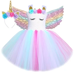 Flowers Unicorn Costumes for Girls Christmas Halloween Fancy Tutu Dress with Wings Hair Bow Princess Kids Birthday Party Outfit