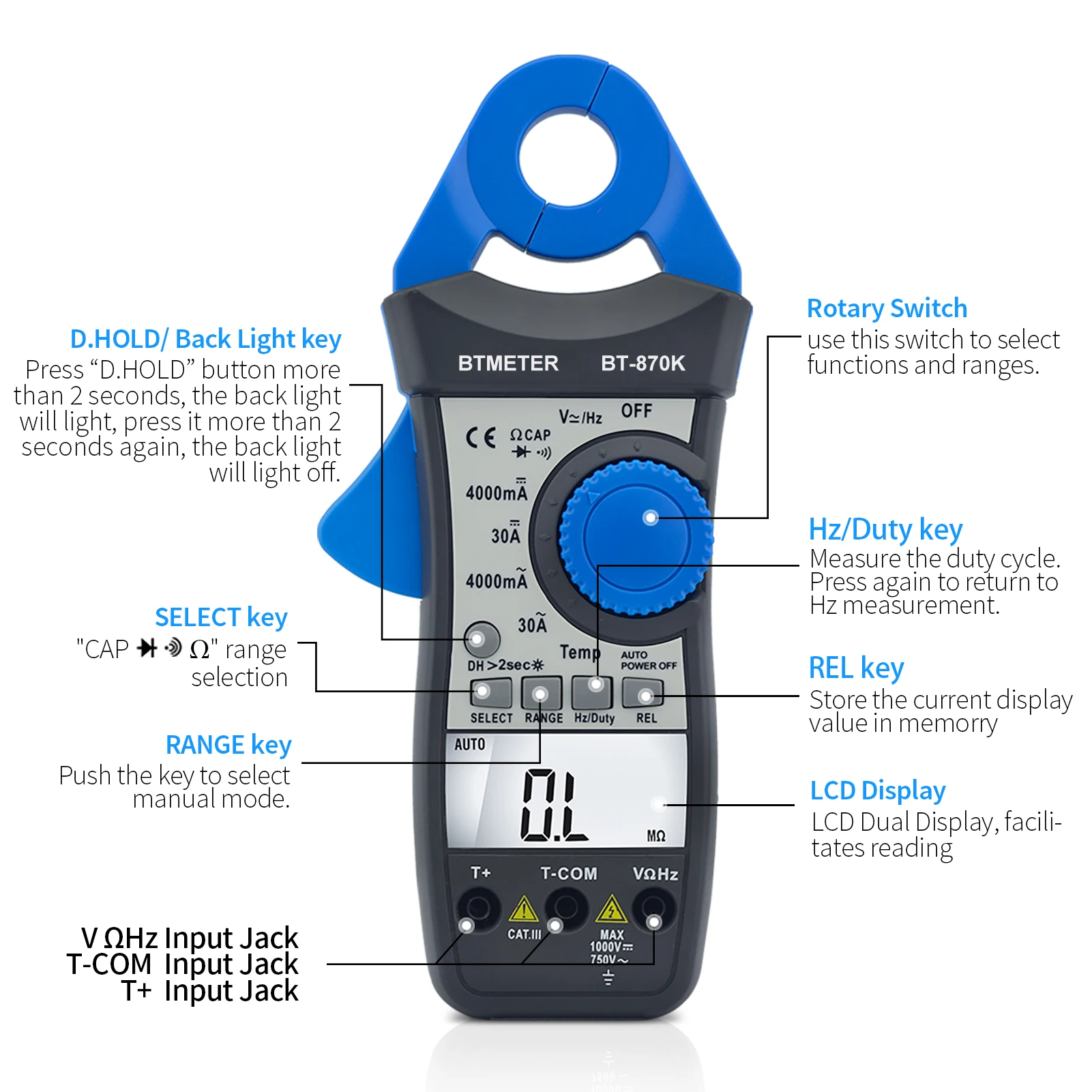 3999 Counts Digital Clamp Meter Auto Ranging AC/DC Voltage Meter with Relative Value Resistance Frequency Capacitance,BT-870K