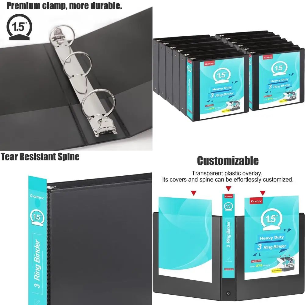 

1.5 Inch Heavy Duty 3-Ring Binder for 8.5 x 11 Paper, Holds 300 Sheets, Clear View Cover, 2 Pockets, 12-Pack Black