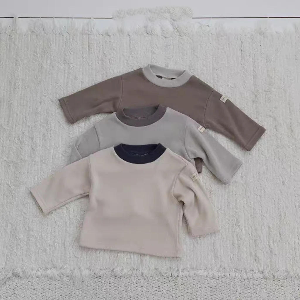 2025 Autumn Children Patchwork Neck Long Sleeve T-shirt Solid Girl Infant Bottoming Shirt Baby Solid Tops Kid Cotton Tees