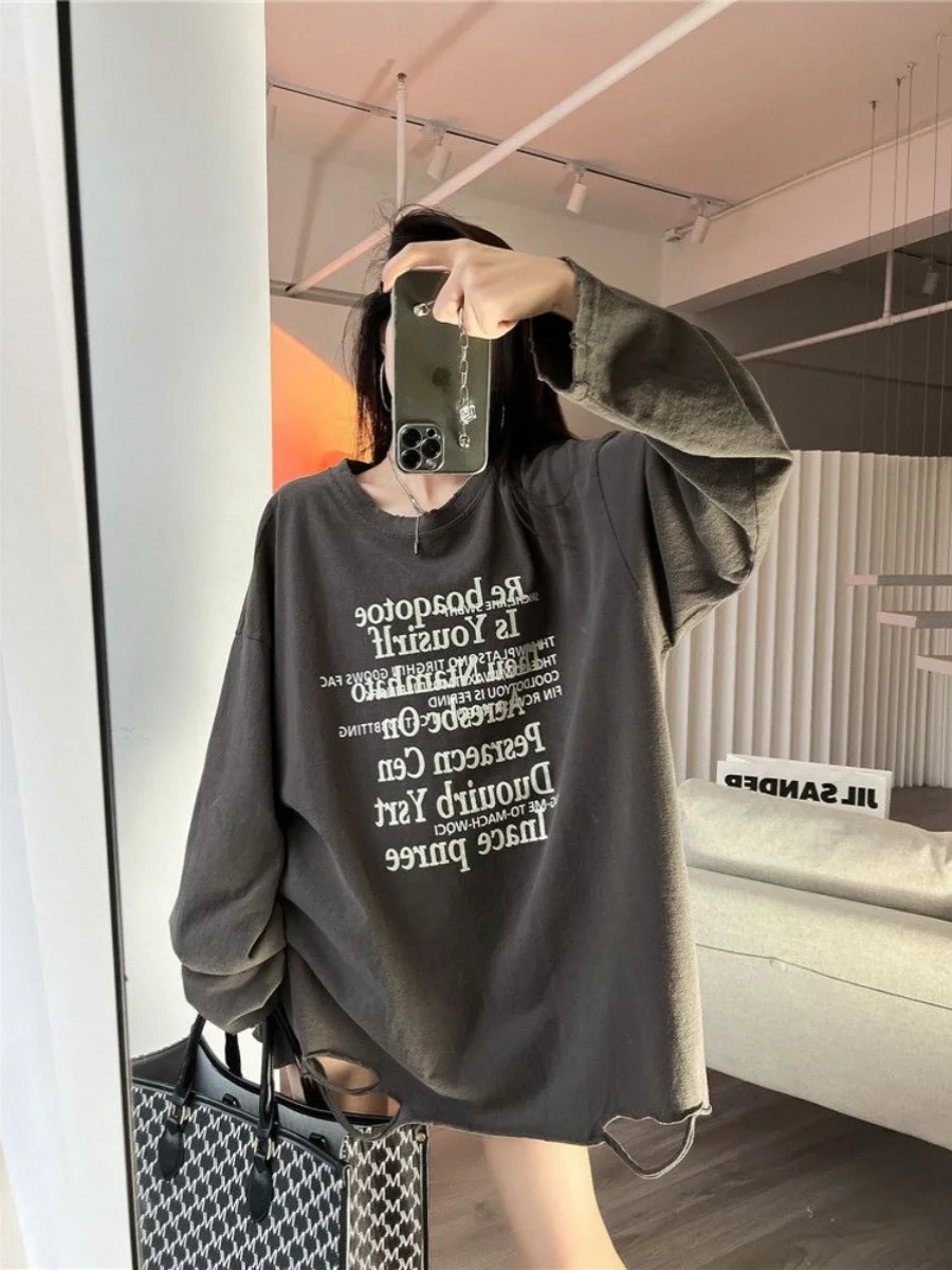 

Женская футболка больших размеров с длинным рукавом, весна-осень, свободный крой, базовый слой, модный повседневный стиль, круглый вырез, топ больших размеров