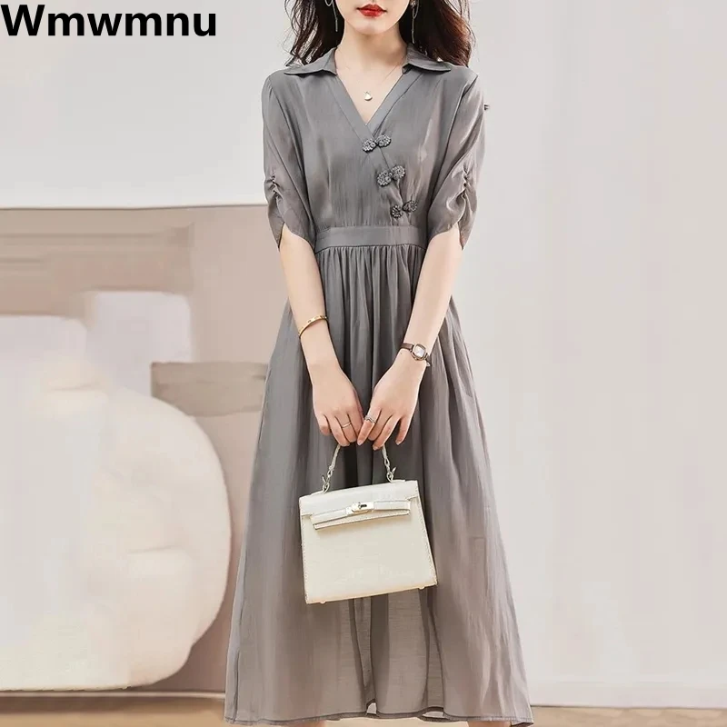 

Vintage Plate Buckle Chic Oversize 4xl Short Sleeve Dress A-line Elegant Slim Summer Dresses V-neck Casual Retro New Vestidos