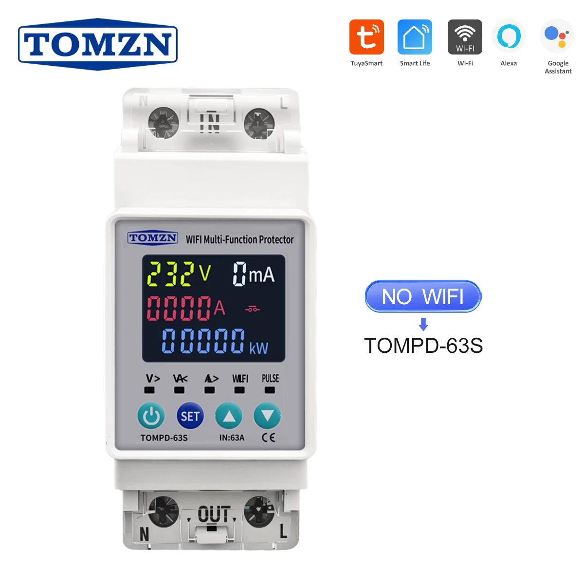 TOMZN 2P 63A 110V 220V Smart Life WIFI Switch Kwh Metering Circuit Breaker Timer with voltage current and leakage protection