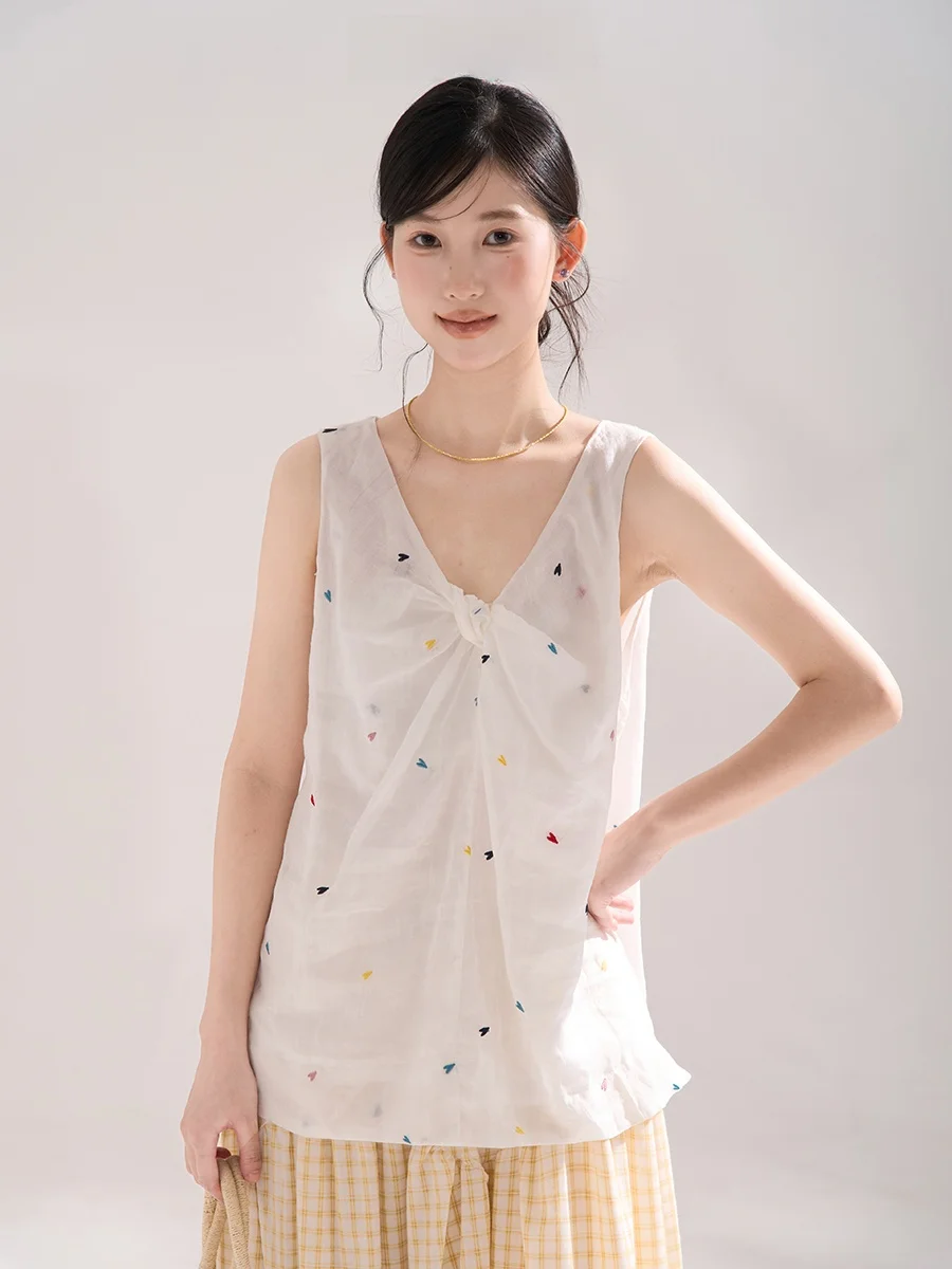 

Heme Lightweight Flax Knot Heart Svel Vest Women's irt Breathable Skin-Friendly V-Ne Princ Sle Loose Fit