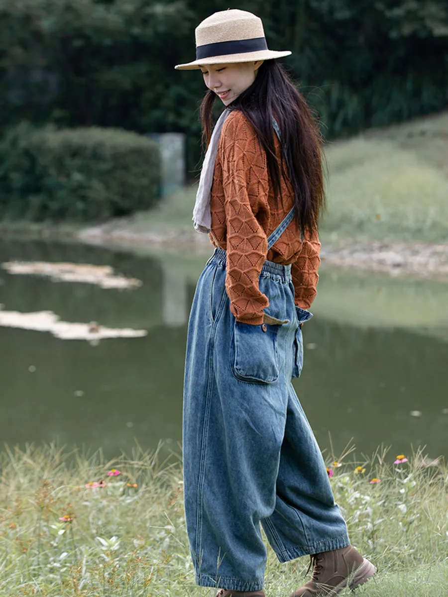 LZJN Autumn-Winter Vintage Denim Pocket Pants Overalls Age Reduced To Old Loose Elegant Blue Casual Literary Women's Trousers