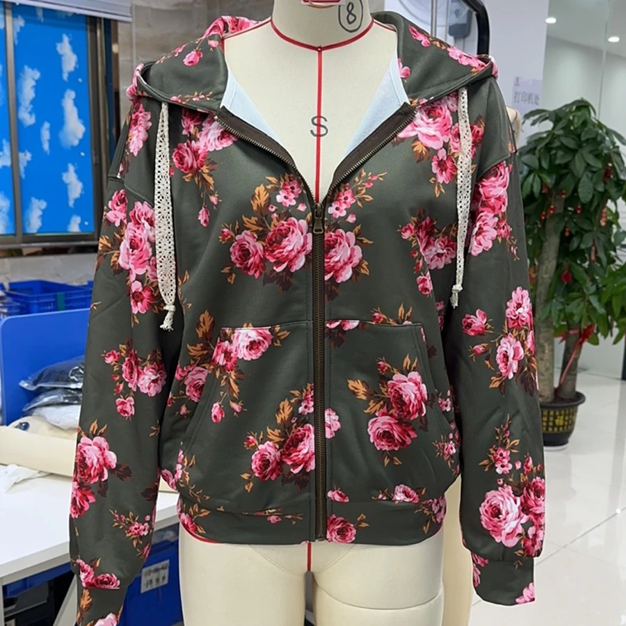 

Hot 2025 Women's Alternative Hoodie Sweatshirt Flower Print Pocckets Zipper Fall Clothes Women Jackets