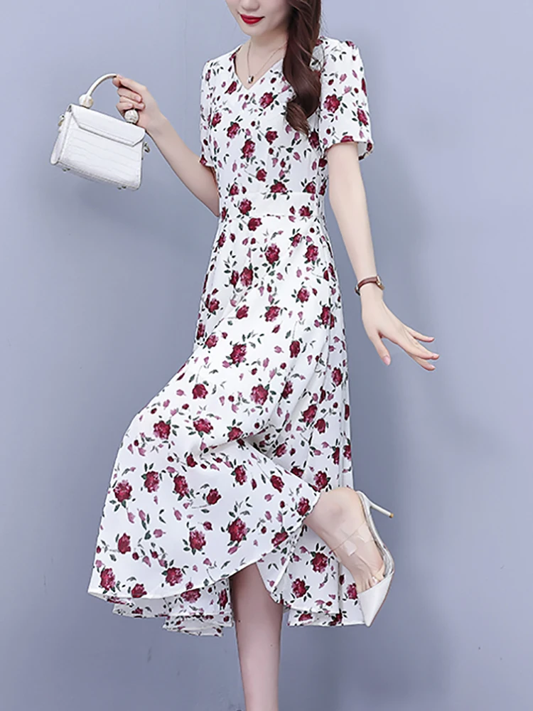 Boho Floral Short Sleeve Casual Beach Long Robe 2024 Summer Chic Prom Party Midi Dress Women Vintage Elegant Bodycon Night Dress