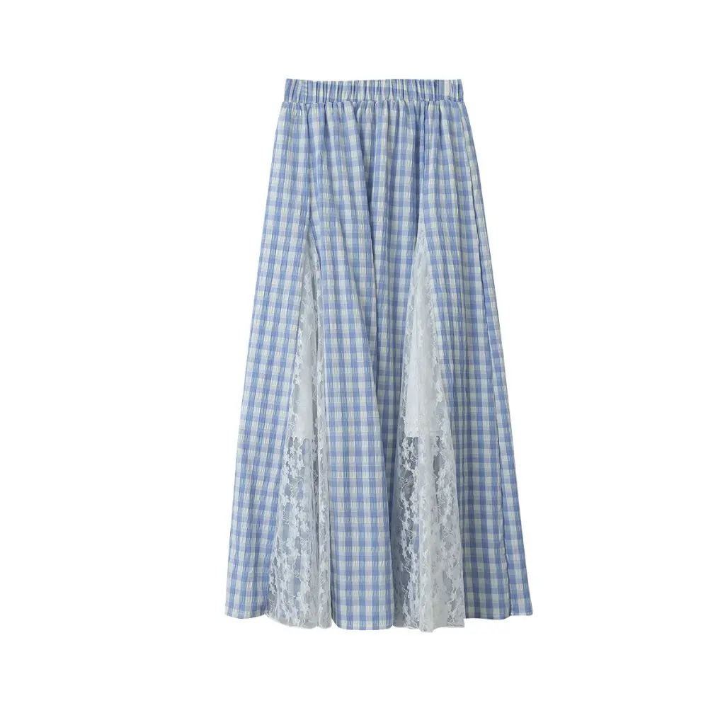 

Ovvan Blue Plaid Skirt Lace Stitching Slimming Long Design with Elastic Waist for Women 2804
