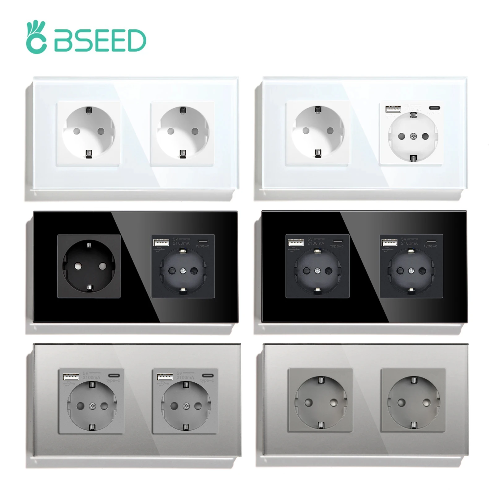 BSEED Double EU Wall Socket  Type-c USB Power Sockets Android Apple Mobile Phone Charging Ports Glass Panel 16A