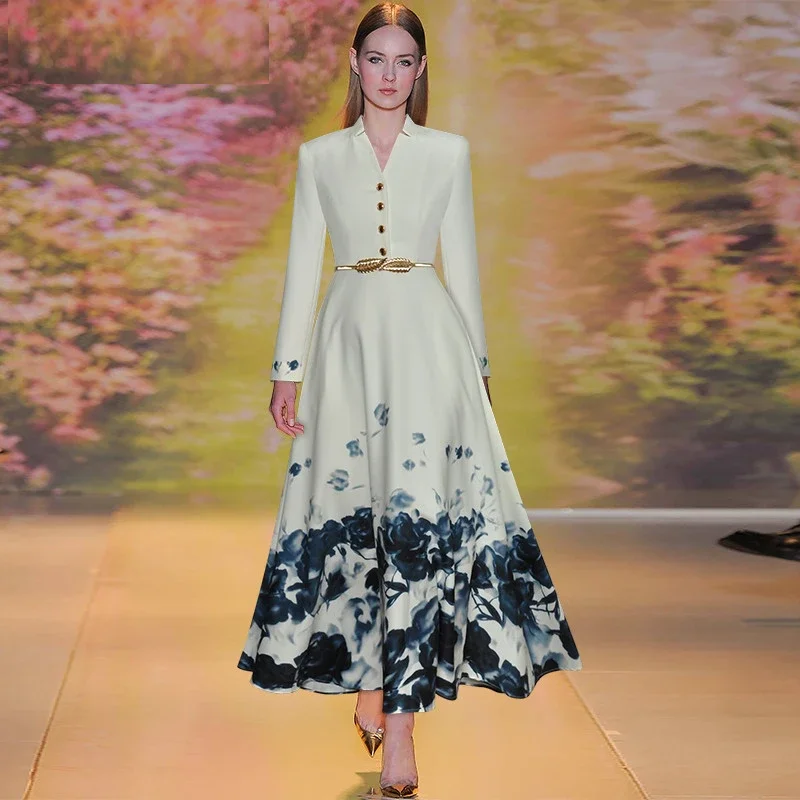

2023 Fashion Runway Winter Spring Women's V-neck Belted Floral Print Long Sleeve Wrist Casual Long Dresses