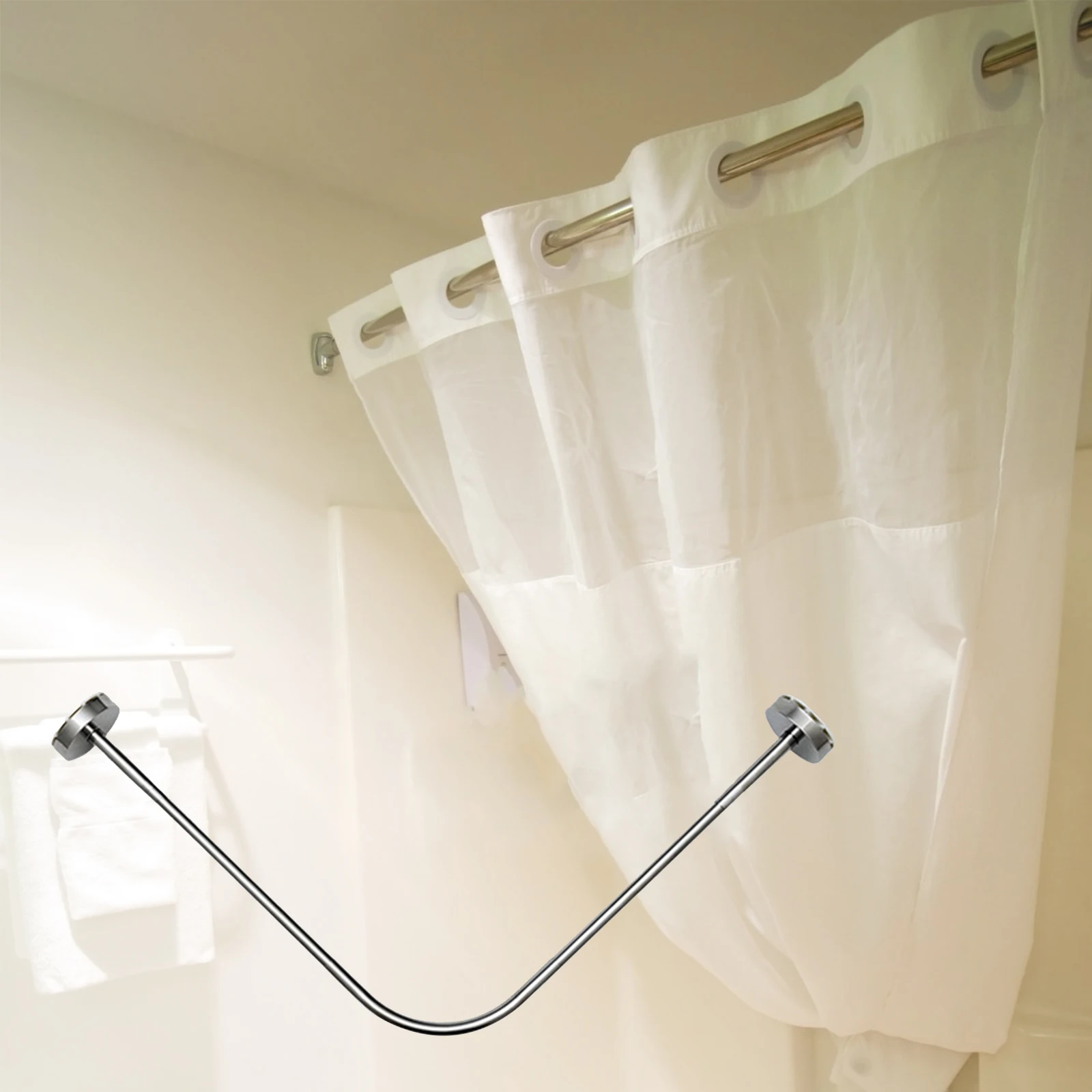 Bathroom Curved Shower Curtain Rod Without Punching l-Shaped Semi-u-Shaped Telescopic Shower Rod Stainless Steel Fan-shaped Rod