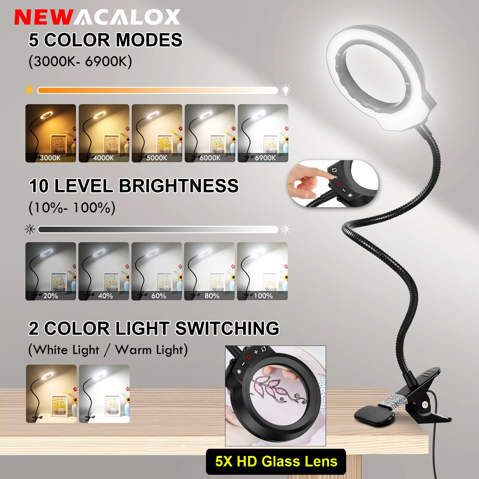 

5X Magnifying Glass with Light 5V 2A Magnifier Glass Desk Lamp Clip-On Flexible Gooseneck for Welding Repair Close Work