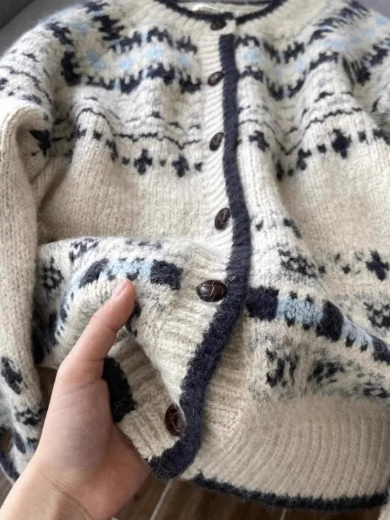 레트로 니트 오픈 가디건 여성용 가을 겨울 테니드 루즈 페어 아일 스웨터 라운드 넥 싱글 버튼