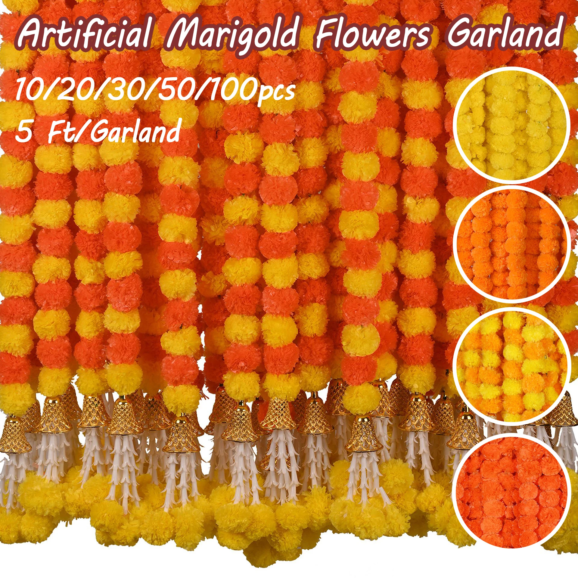 Guirnalda de caléndula Artificial de 5 pies con campana para fiesta mexicana Haldi, Día de los muertos, decoración de Pooja Diwali, 10-100 Uds.