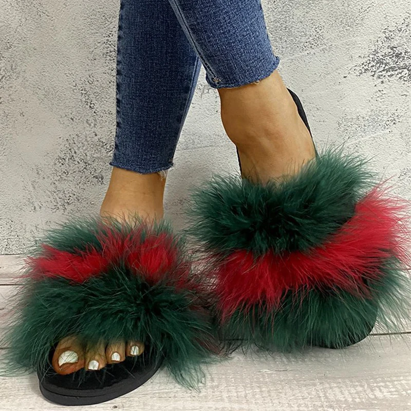 

Mix Color Faux Fur Cotton Slippers for Women Fashion Open Toe Flats Slippers Woman Indoor Lightweight Non Slip Plush Slides Lady
