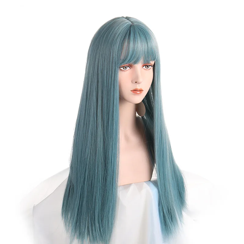 VICWIG Long Cosplay Wig With Bangs Light Blue Purple Synthetic Straight Hair Heat-resistant Rose Net Wigs For Women