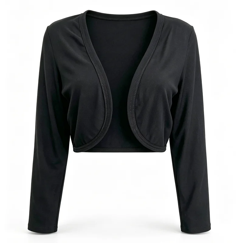 Damen-Bolero mit langen Ärmeln und offenem Vorderteil, kurze Strickjacke, leichte Strickbluse, kurze Jacke, weiches Oberteil, dehnbares Oberbekleidungsstück. – Detail 8