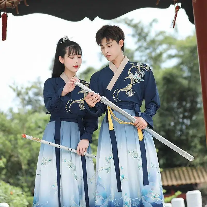 النمط الصيني زوجين CP Hanfu الرجال والنساء عبر الرقبة التطريز قطعتين مجموعة من الملابس الطباعة التدرج فئة الطلاب