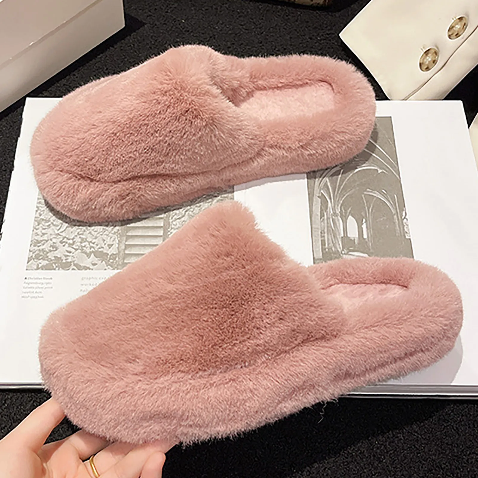 Winter Women Solid Color Fur Slippers Home Indoor Fluffy Slides Autumn Warm Plush Bedroom Ladies Cotton Plush Thickened Shoe