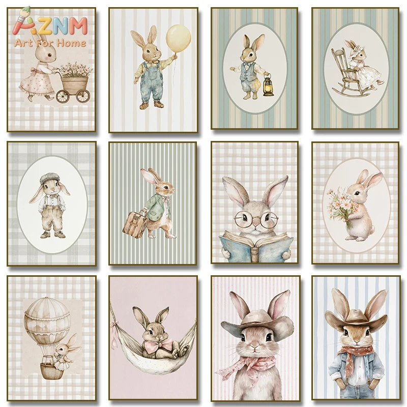 AZNM Watercolor Cute Bunny Canvas Wall Art Print, Vintage Rabbit in Clothes Balloon Hammock Book Nursery Poster for Kids Room Ho