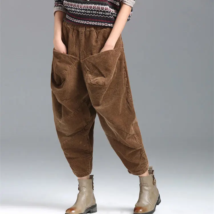 Velvet Pocket Corduroy Haren Pants for Women's 2024 Autumn Winter New Collection Thick Wide Leg Loose and Skinny Casual Pants