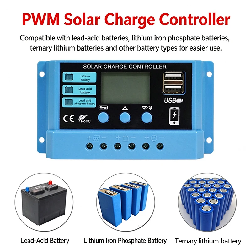 10A 20A 30A Solar Charge Controller 12/24V Auto Switch, Light & Time Control, Multiple Battery Type Compatible