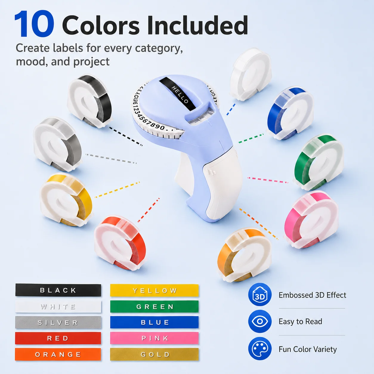 3D Embossing Label Maker Kit, with 10 Color Tapes & Carrying Case, Compatible for Dymo Organizer Xpress B90, Blue/Purple