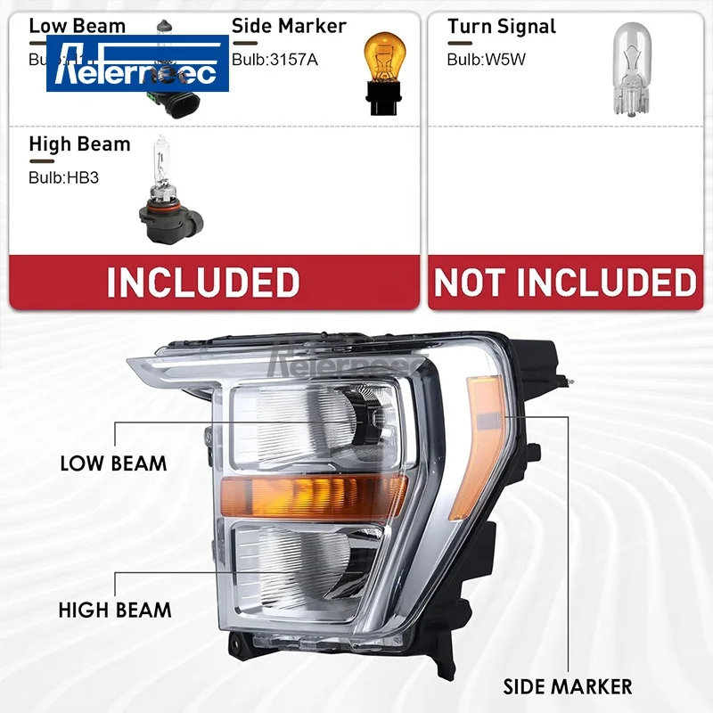Chrome Bezel Halogen Headlight Assembly Compatible for Ford F150 F-150 2021-2023 Left Driver Side ML3Z-13008-K FO2503409