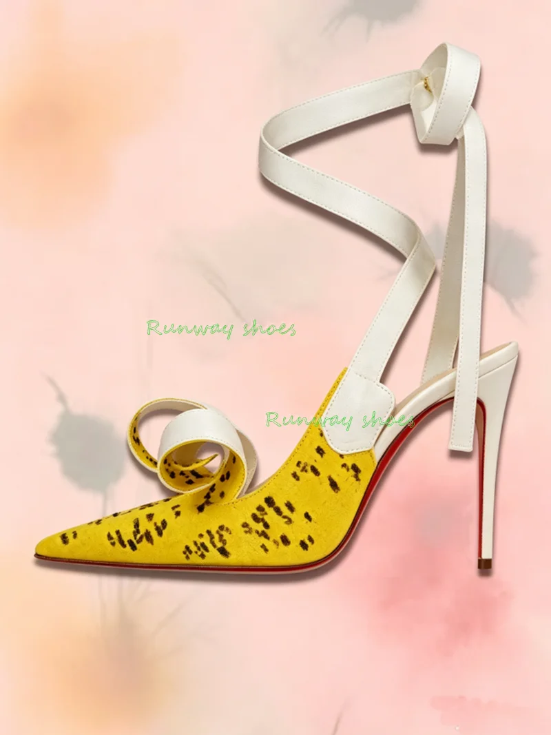 French Bright Yellow Pointed Stiletto Heels Banana Form Women's Shoes Silk Fabric Ankle Wrap Straps Banquet Women's Shoes 2026