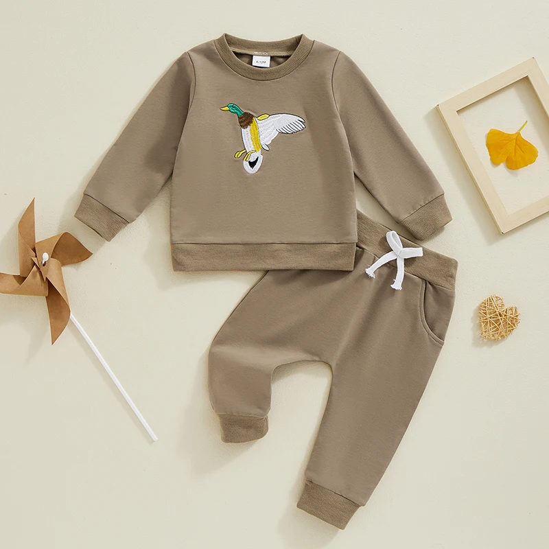 

Suefunskry Kids Girls Boys Pants Set, Long Sleeve Embroidery Duck Sweatshirt with Elastic Waist Sweatpants Fall Clothing Set