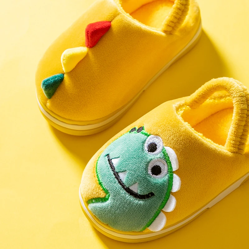 Boys Girls Winter Home Cotton Shoes Cartoon Dinosaur Embroidery Plush Slippers Back Wrap Soft Sole Non-slip Indoor Warm Shoes