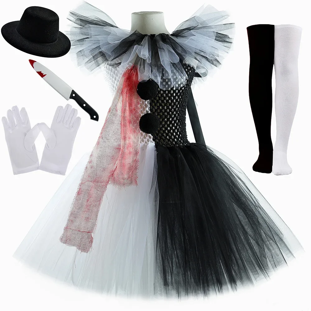 Killer Clown Tutu Jurk Voor Meisjes Wit Zwart Enge Halloween Kostuums Voor Kinderen Carnaval Party Horror Outfit Kind Fancy Clowers