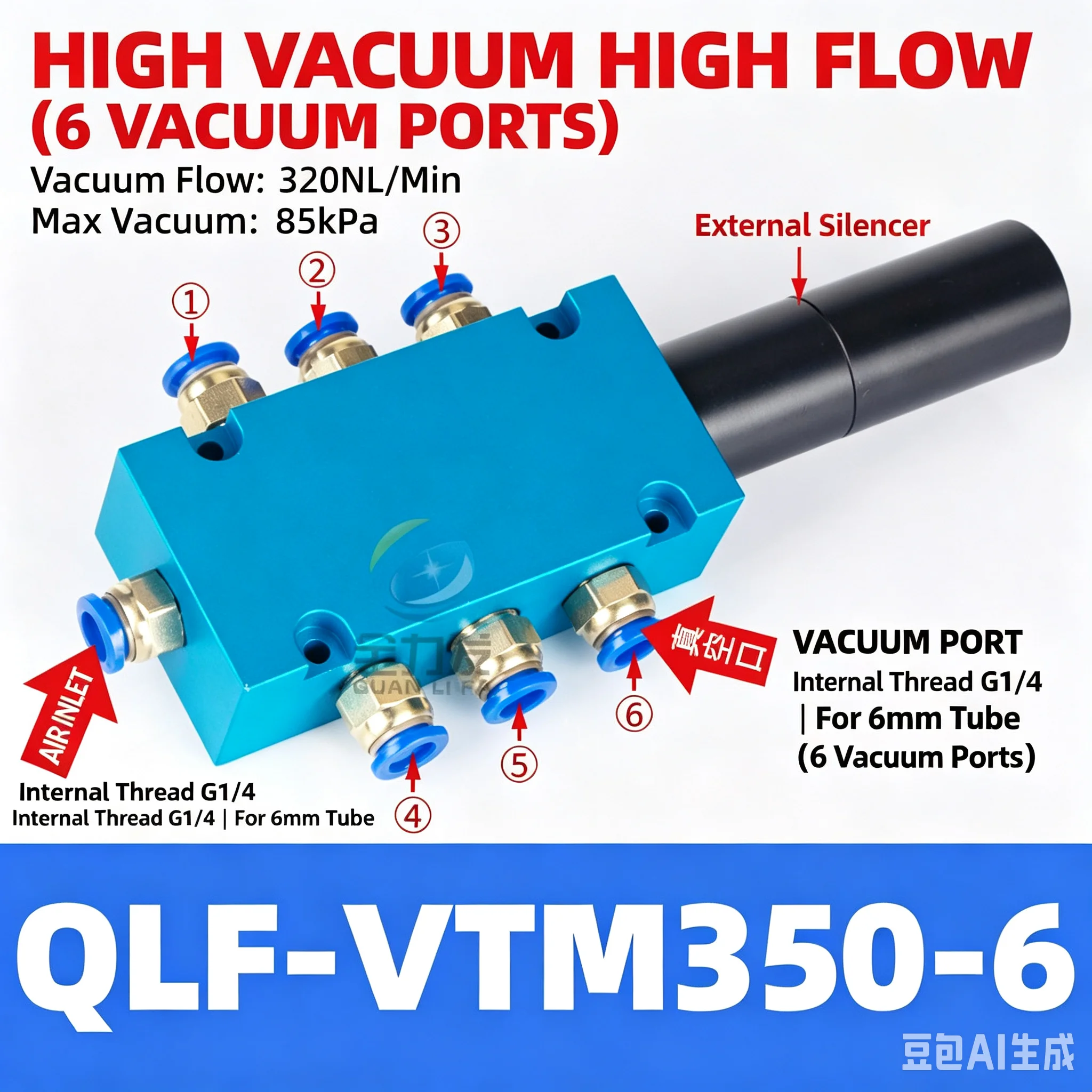 Multi stage vacuum generator, high suction, integrated negative pressure, pneumatic, silent, high flow, industrial grade