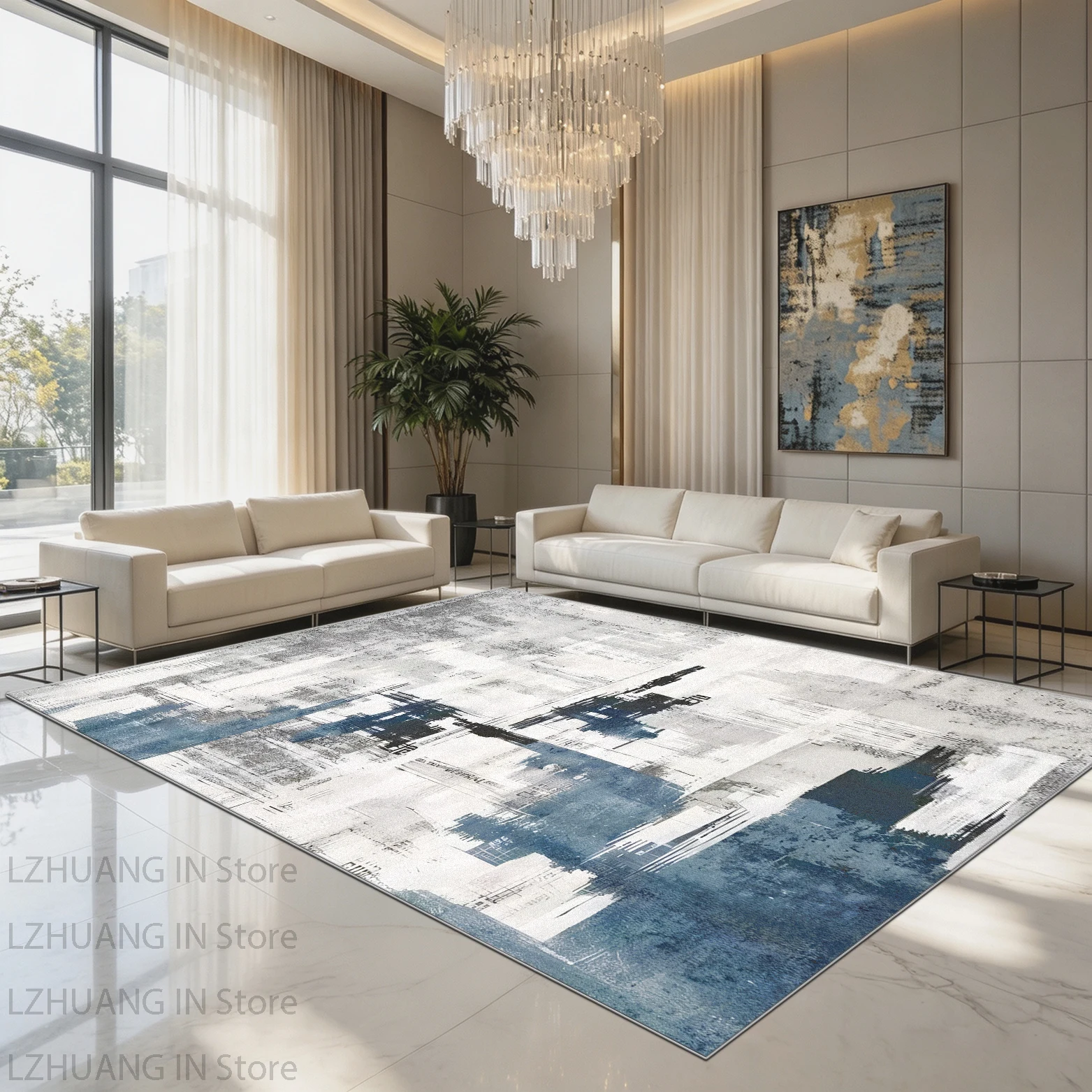 Ins Minimalism Ink Wash Abstract Style Large Living Room Rug Plush Foldable Dining Room Carpet Easy Cleaning Washable Lounge Mat