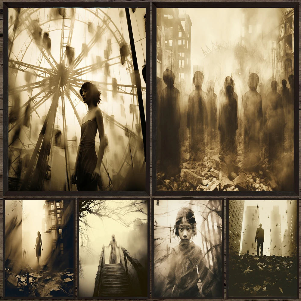 Antique Retro UFO Ghost Ruins Art Poster Print,Surreal Dark Fantasy Canvas,Dark Fantasy Themed Wall Art,Decor For Witchy Home