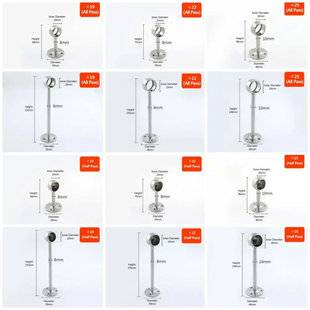 1 Buah Braket Pipa Baja Tahan Karat 19/22/25mm Penyangga Pipa Setengah/Seluruhnya Terbuka untuk Rel Lemari, Penyangga Flens untuk Tiang Gantungan Baju, Batang Gorden